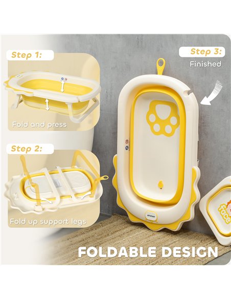 AIYAPLAY Foldable Baby Bath Tub Set with Bath Cushion, Wash Basin, Non-Slip Stand, Bottom, Yellow - pic 131650 | FastDaddyshop