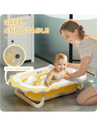 AIYAPLAY Foldable Baby Bath Tub Set with Bath Cushion, Wash Basin, Non-Slip Stand, Bottom, Yellow