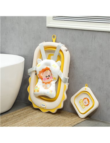 AIYAPLAY Foldable Baby Bath Tub Set with Bath Cushion, Wash Basin, Non-Slip Stand, Bottom, Yellow