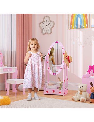 AIYAPLAY Kids Full Length Mirror, 360° Rotating Children Standing Mirror with Storage Shelf, Hot Pink