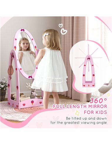 AIYAPLAY Kids Full Length Mirror, 360° Rotating Children Standing Mirror with Storage Shelf, Hot Pink