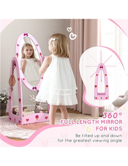 AIYAPLAY Kids Full Length Mirror, 360° Rotating Children Standing Mirror with Storage Shelf, Hot Pink - pic 131667 | FastDaddyshop