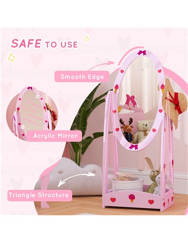AIYAPLAY Kids Full Length Mirror, 360° Rotating Children Standing Mirror with Storage Shelf, Hot Pink