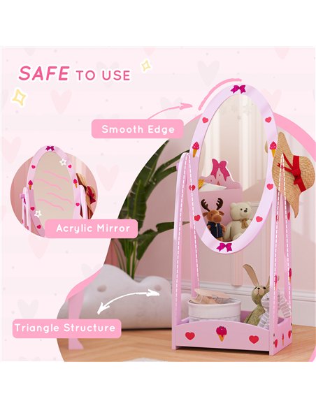 AIYAPLAY Kids Full Length Mirror, 360° Rotating Children Standing Mirror with Storage Shelf, Hot Pink - pic 131668 | FastDaddyshop