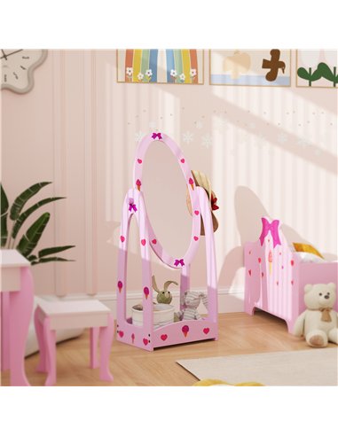 AIYAPLAY Kids Full Length Mirror, 360° Rotating Children Standing Mirror with Storage Shelf, Hot Pink