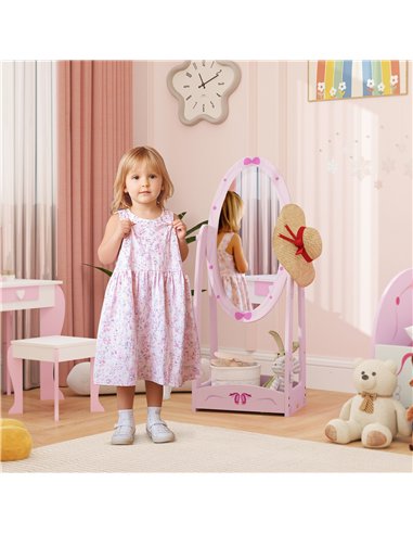 AIYAPLAY Kids Full Length Mirror, 360° Rotating Children Standing Mirror with Storage Shelf, Pink