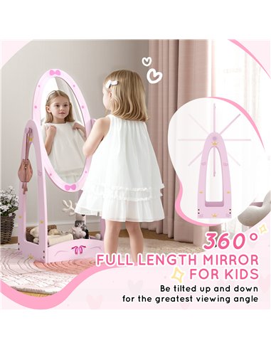 AIYAPLAY Kids Full Length Mirror, 360° Rotating Children Standing Mirror with Storage Shelf, Pink