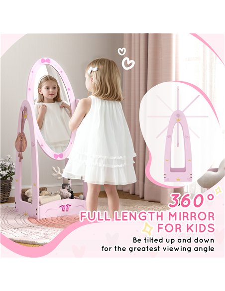 AIYAPLAY Kids Full Length Mirror, 360° Rotating Children Standing Mirror with Storage Shelf, Pink - pic 131685 | FastDaddyshop
