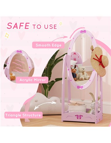 AIYAPLAY Kids Full Length Mirror, 360° Rotating Children Standing Mirror with Storage Shelf, Pink