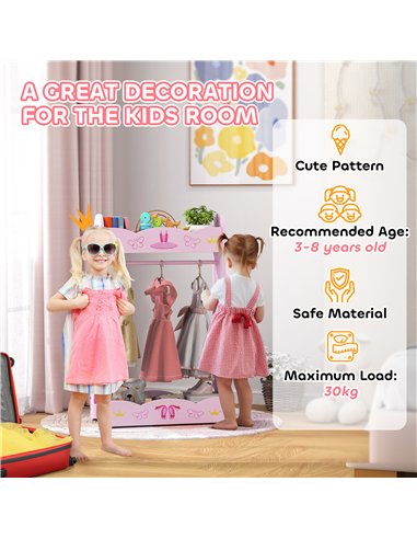 AIYAPLAY Kids Clothes Rail with 2 Storage Shelves for 3-8 Years Old, Pink