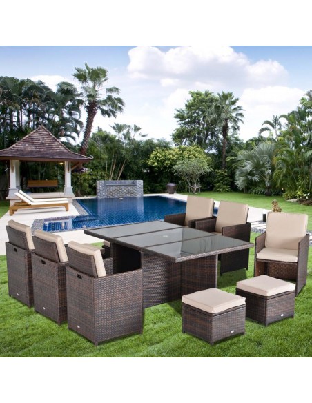 Outsunny Outdoor 11pc Rattan Garden Furniture Patio Dining Set, Mixed Brown - pic 13170 | FastDaddyshop