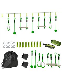 AIYAPLAY 3 Piece Kids Zip Line Kit for Garden, 10m Kids Slackline Kit with Wooden Monkey Bars, Metal Rings, Gripping Balls, Gree