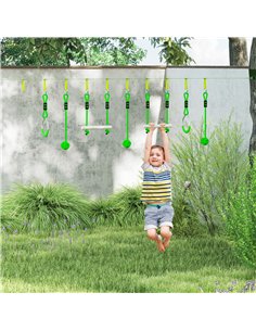 AIYAPLAY 3 Piece Kids Zip Line Kit for Garden, 10m Kids Slackline Kit with Wooden Monkey Bars, Metal Rings, Gripping Balls, Gree 2