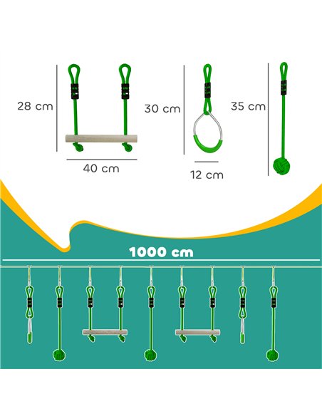 AIYAPLAY 3 Piece Kids Zip Line Kit for Garden, 10m Kids Slackline Kit with Wooden Monkey Bars, Metal Rings, Gripping Balls, Gree - pic 131729 | FastDaddyshop