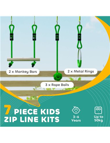 AIYAPLAY 3 Piece Kids Zip Line Kit for Garden, 10m Kids Slackline Kit with Wooden Monkey Bars, Metal Rings, Gripping Balls, Gree