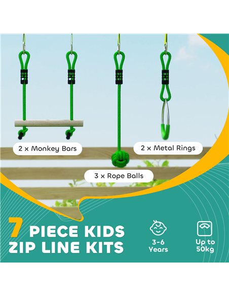 AIYAPLAY 3 Piece Kids Zip Line Kit for Garden, 10m Kids Slackline Kit with Wooden Monkey Bars, Metal Rings, Gripping Balls, Gree - pic 131730 | FastDaddyshop