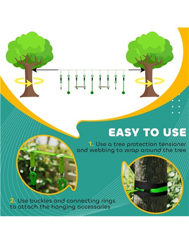AIYAPLAY 3 Piece Kids Zip Line Kit for Garden, 10m Kids Slackline Kit with Wooden Monkey Bars, Metal Rings, Gripping Balls, Gree