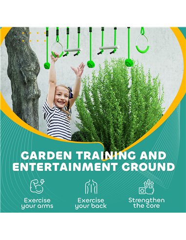 AIYAPLAY 3 Piece Kids Zip Line Kit for Garden, 10m Kids Slackline Kit with Wooden Monkey Bars, Metal Rings, Gripping Balls, Gree