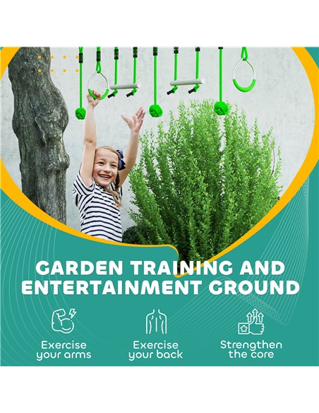 AIYAPLAY 3 Piece Kids Zip Line Kit for Garden, 10m Kids Slackline Kit with Wooden Monkey Bars, Metal Rings, Gripping Balls, Gree - pic 131732 | FastDaddyshop
