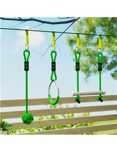 AIYAPLAY 3 Piece Kids Zip Line Kit for Garden, 10m Kids Slackline Kit with Wooden Monkey Bars, Metal Rings, Gripping Balls, Gree