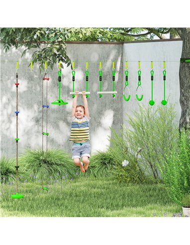 AIYAPLAY Obstacle Course for Kids with 10PCs Slackline Kit, with Monkey Bars, Gym Rings, Rope Ladder, Nest Swing, Hanging Tray