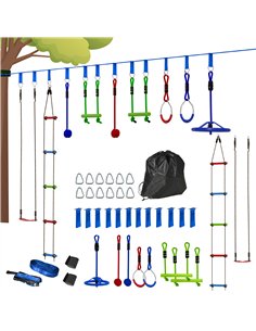 AIYAPLAY 10 Piece Zip Line Kit for Kids with 10m Slackline, Monkey Bars, Swing, Climbing Ladder, Hanging Tray, Metal Rings