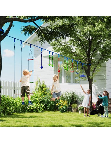 AIYAPLAY 10 Piece Zip Line Kit for Kids with 10m Slackline, Monkey Bars, Swing, Climbing Ladder, Hanging Tray, Metal Rings