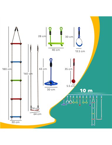 AIYAPLAY 10 Piece Zip Line Kit for Kids with 10m Slackline, Monkey Bars, Swing, Climbing Ladder, Hanging Tray, Metal Rings