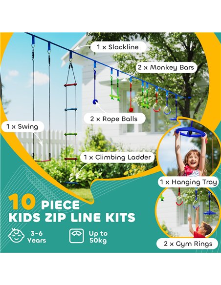 AIYAPLAY 10 Piece Zip Line Kit for Kids with 10m Slackline, Monkey Bars, Swing, Climbing Ladder, Hanging Tray, Metal Rings - pic 131766 | FastDaddyshop