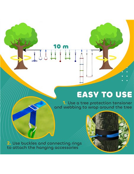 AIYAPLAY 10 Piece Zip Line Kit for Kids with 10m Slackline, Monkey Bars, Swing, Climbing Ladder, Hanging Tray, Metal Rings - pic 131767 | FastDaddyshop