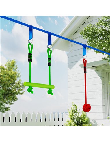 AIYAPLAY 10 Piece Zip Line Kit for Kids with 10m Slackline, Monkey Bars, Swing, Climbing Ladder, Hanging Tray, Metal Rings