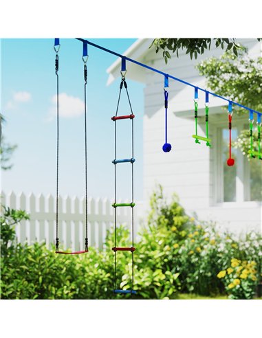 AIYAPLAY 10 Piece Zip Line Kit for Kids with 10m Slackline, Monkey Bars, Swing, Climbing Ladder, Hanging Tray, Metal Rings