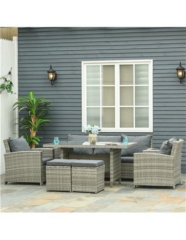 Outsunny 7-Seater Outdoor Rattan Dining Set with Cushion, Light Grey
