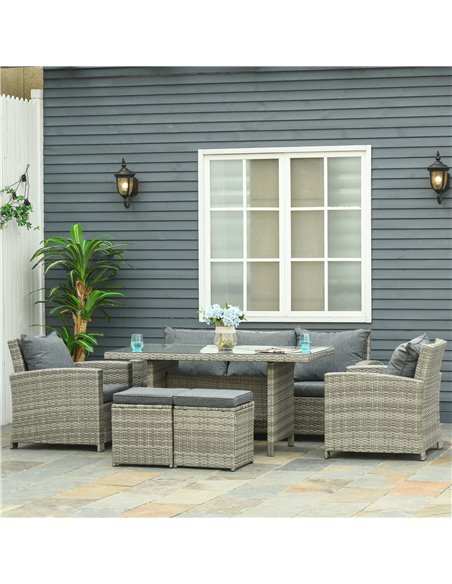 Outsunny 7-Seater Outdoor Rattan Dining Set with Cushion, Light Grey - pic 13178 | FastDaddyshop