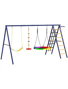 AIYAPLAY 6 in 1 Metal Kids Swing Set with 3 Swings, Climbing Ladder & Net, Basketball Hoop, for Ages 3-8