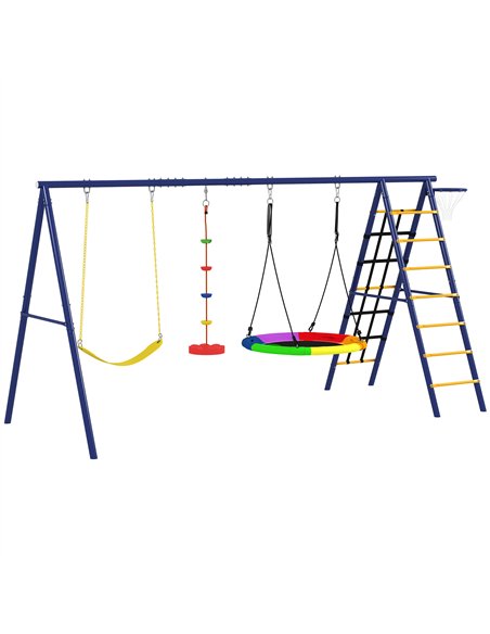 AIYAPLAY 6 in 1 Metal Kids Swing Set with 3 Swings, Climbing Ladder & Net, Basketball Hoop, for Ages 3-8 - pic 131781 | FastDaddyshop