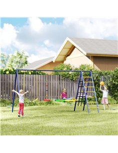 AIYAPLAY 6 in 1 Metal Kids Swing Set with 3 Swings, Climbing Ladder & Net, Basketball Hoop, for Ages 3-8 2