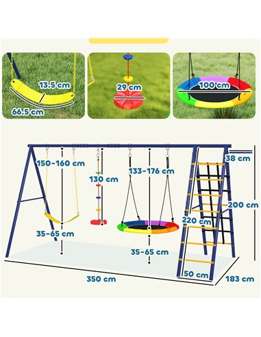AIYAPLAY 6 in 1 Metal Kids Swing Set with 3 Swings, Climbing Ladder & Net, Basketball Hoop, for Ages 3-8