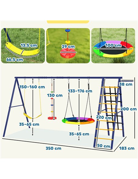 AIYAPLAY 6 in 1 Metal Kids Swing Set with 3 Swings, Climbing Ladder & Net, Basketball Hoop, for Ages 3-8 - pic 131783 | FastDaddyshop