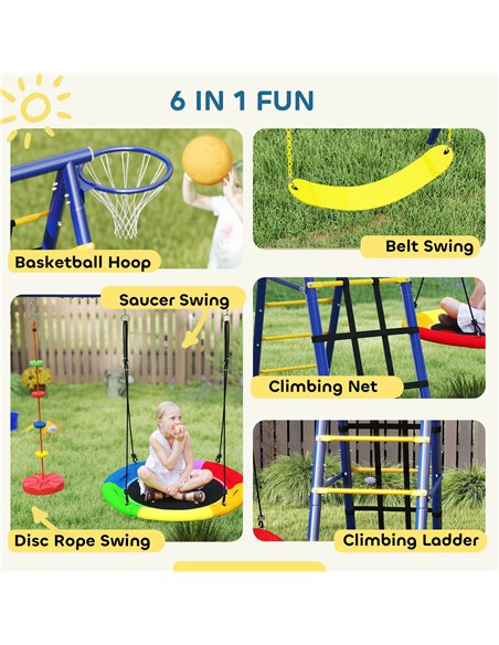 AIYAPLAY 6 in 1 Metal Kids Swing Set with 3 Swings, Climbing Ladder & Net, Basketball Hoop, for Ages 3-8 - pic 131784 | FastDaddyshop