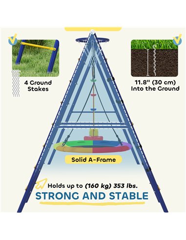 AIYAPLAY 6 in 1 Metal Kids Swing Set with 3 Swings, Climbing Ladder & Net, Basketball Hoop, for Ages 3-8