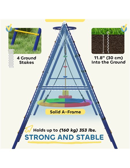 AIYAPLAY 6 in 1 Metal Kids Swing Set with 3 Swings, Climbing Ladder & Net, Basketball Hoop, for Ages 3-8 - pic 131786 | FastDaddyshop