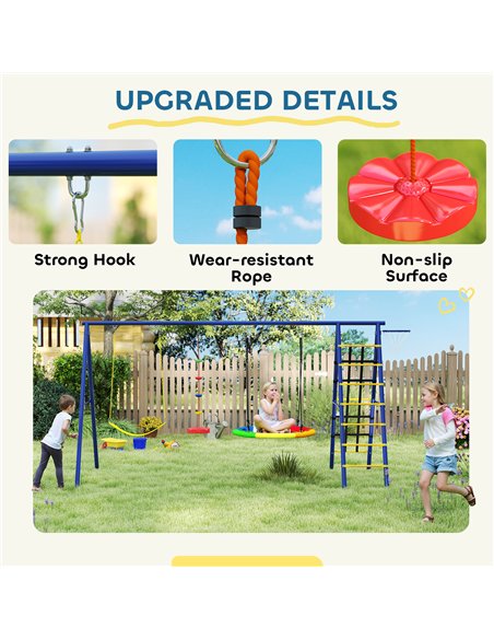 AIYAPLAY 6 in 1 Metal Kids Swing Set with 3 Swings, Climbing Ladder & Net, Basketball Hoop, for Ages 3-8 - pic 131788 | FastDaddyshop
