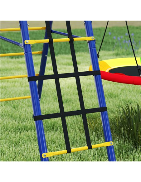 AIYAPLAY 6 in 1 Metal Kids Swing Set with 3 Swings, Climbing Ladder & Net, Basketball Hoop, for Ages 3-8 - pic 131789 | FastDaddyshop