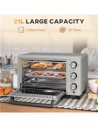 HOMCOM 21L Mini Countertop Oven, 100°C-230°C Adjustable Temp - Silver Tone