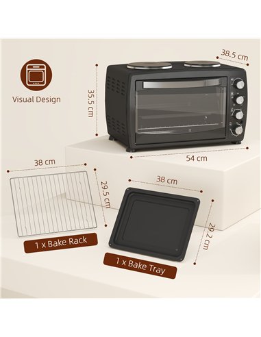HOMCOM 36L Small Oven with 2 Hot Plates, Countertop Toaster Oven, Grill, Roast, Bake, Boil, with Timer, Adjustable Temperature, 