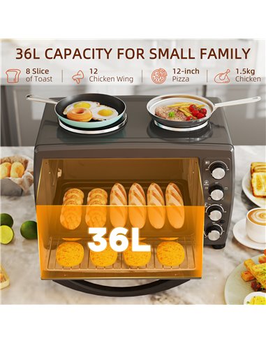 HOMCOM 36L Small Oven with 2 Hot Plates, Countertop Toaster Oven, Grill, Roast, Bake, Boil, with Timer, Adjustable Temperature, 