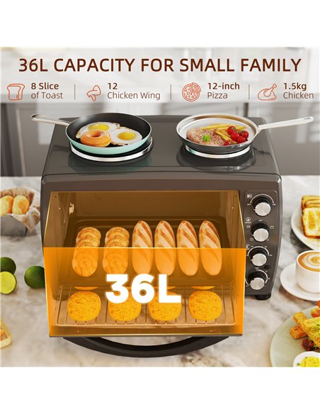 HOMCOM 36L Small Oven with 2 Hot Plates, Countertop Toaster Oven, Grill, Roast, Bake, Boil, with Timer, Adjustable Temperature,  - pic 131830 | FastDaddyshop