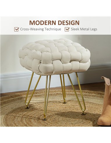 HOMCOM Velvet-Feel Bold Woven Footstool - Cream White