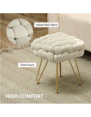 HOMCOM Velvet-Feel Bold Woven Footstool - Cream White